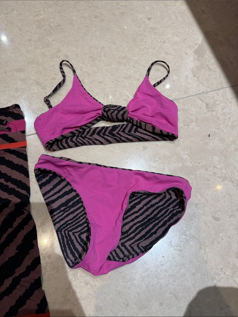 Zebra-Stripe Bikini Briefs & Wrap Set in Black and Pink